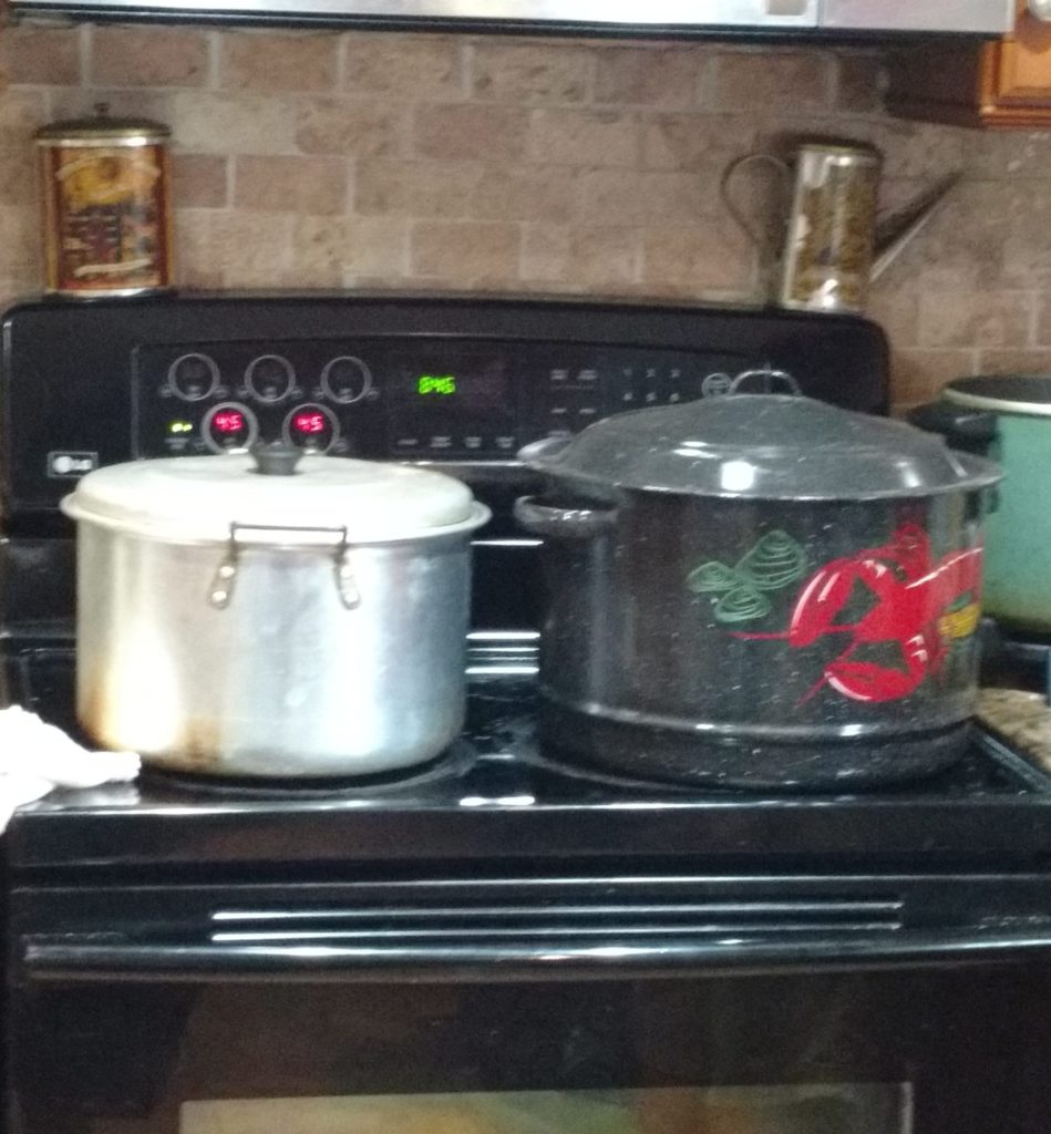 Boiling pots of water with jars of fresh tomato sauce