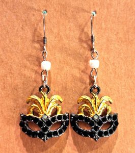 Silver plated Gold and Black Rhinestone Carnival Mask Earrings
